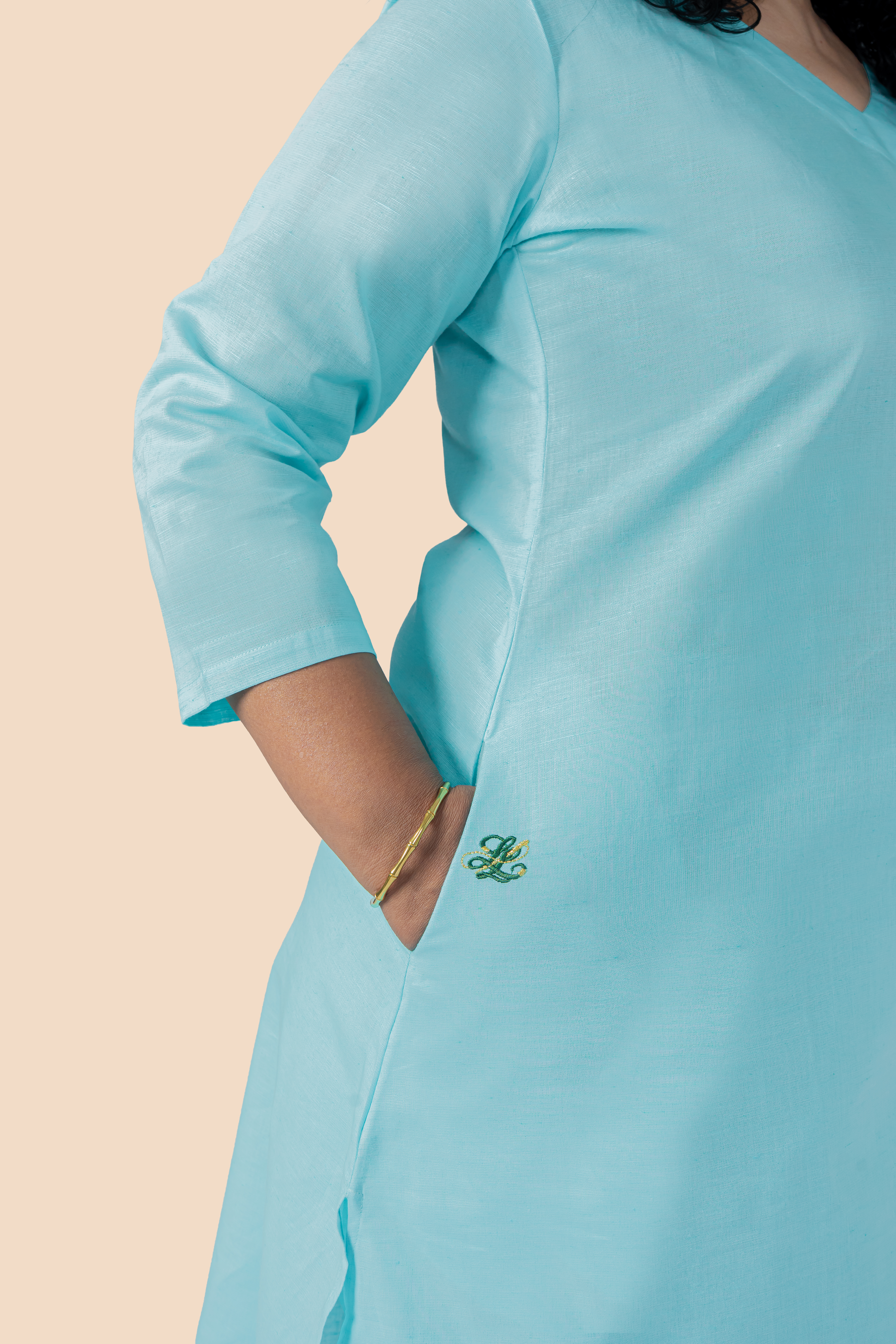 Linen Co-ord Set – Coral Blue, pocket detail